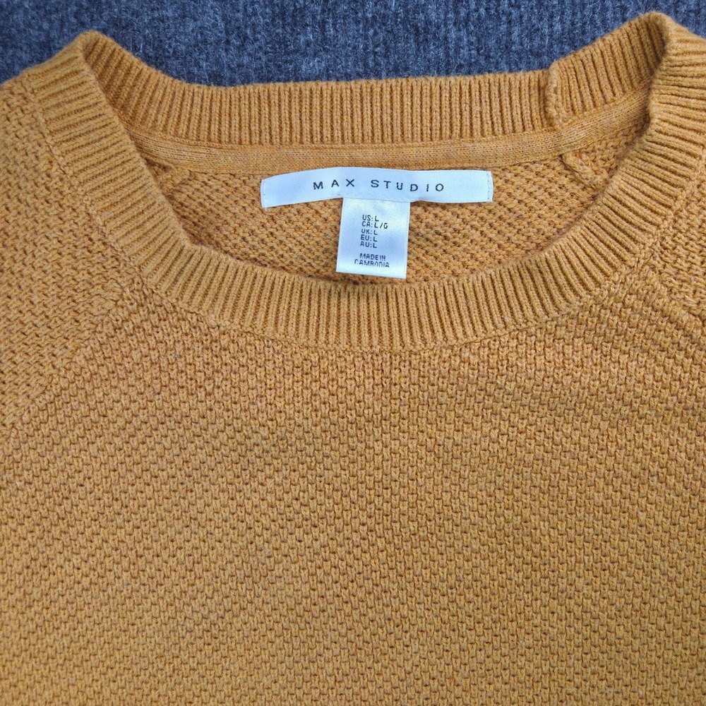 Max Studio Women L Yellow Cotton Blend Waffle Knit Side Button Crew Neck Sweater